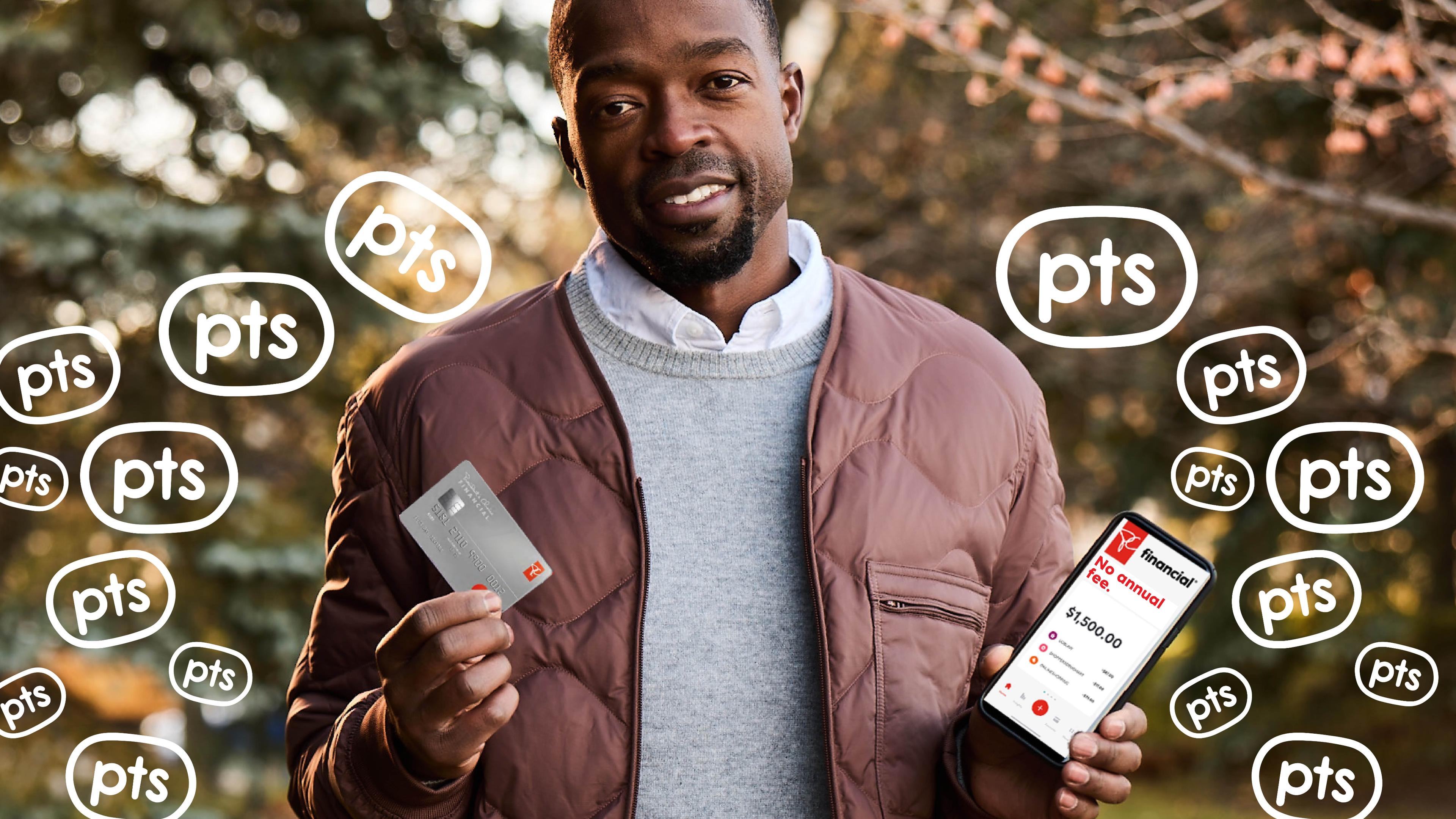 Smiling man holding PC optimum app with little floating PC Optimum points icons super-imposed around him.